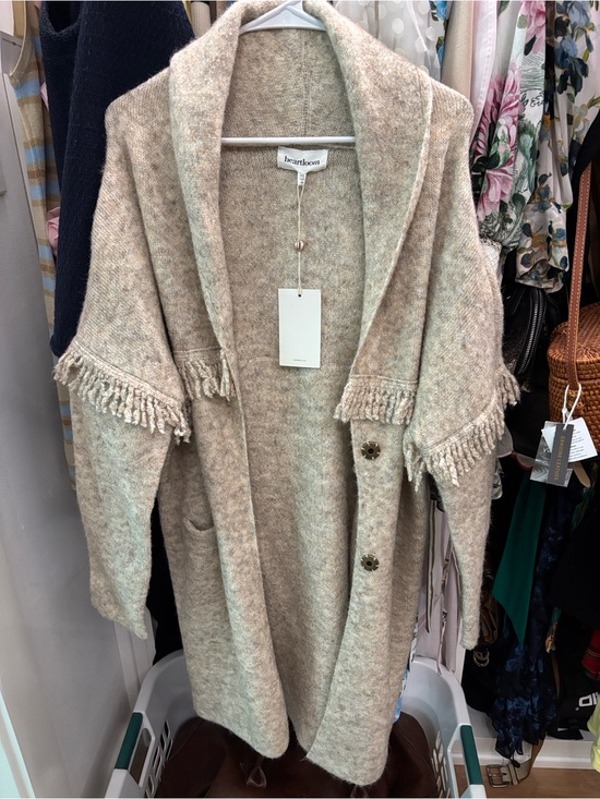 Heartloom Sweaters - Heartloom Beige Fringe Shawl-Collar Wool-Blend Cardigan